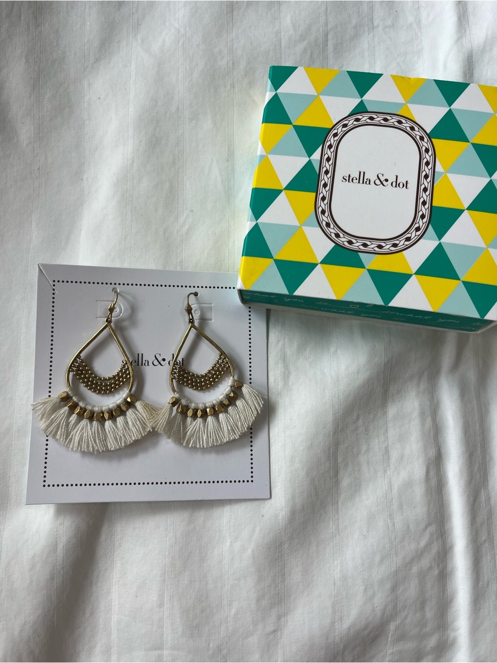 Stella & Dot Gold Teardrop Earrings with Ivory Fringe
